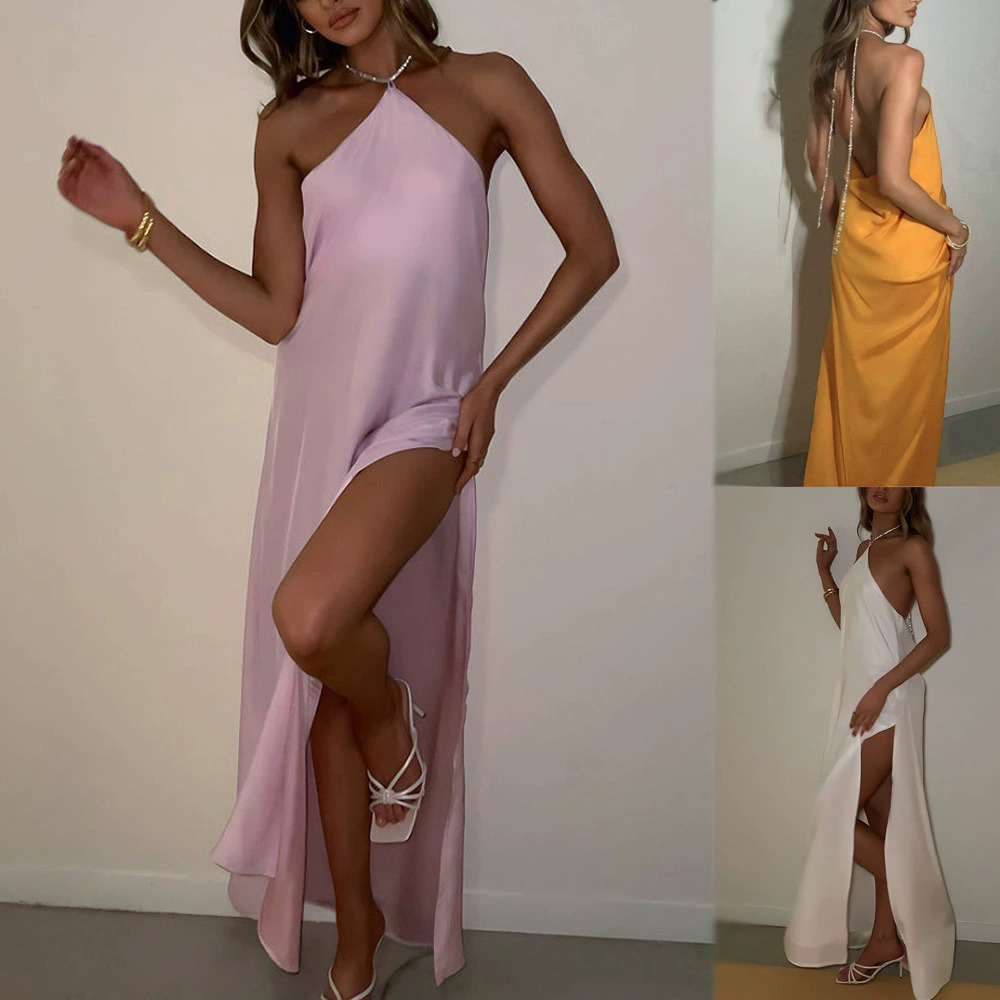 Zara Solid Satin Halter Backless Slit Slim Maxi Dress